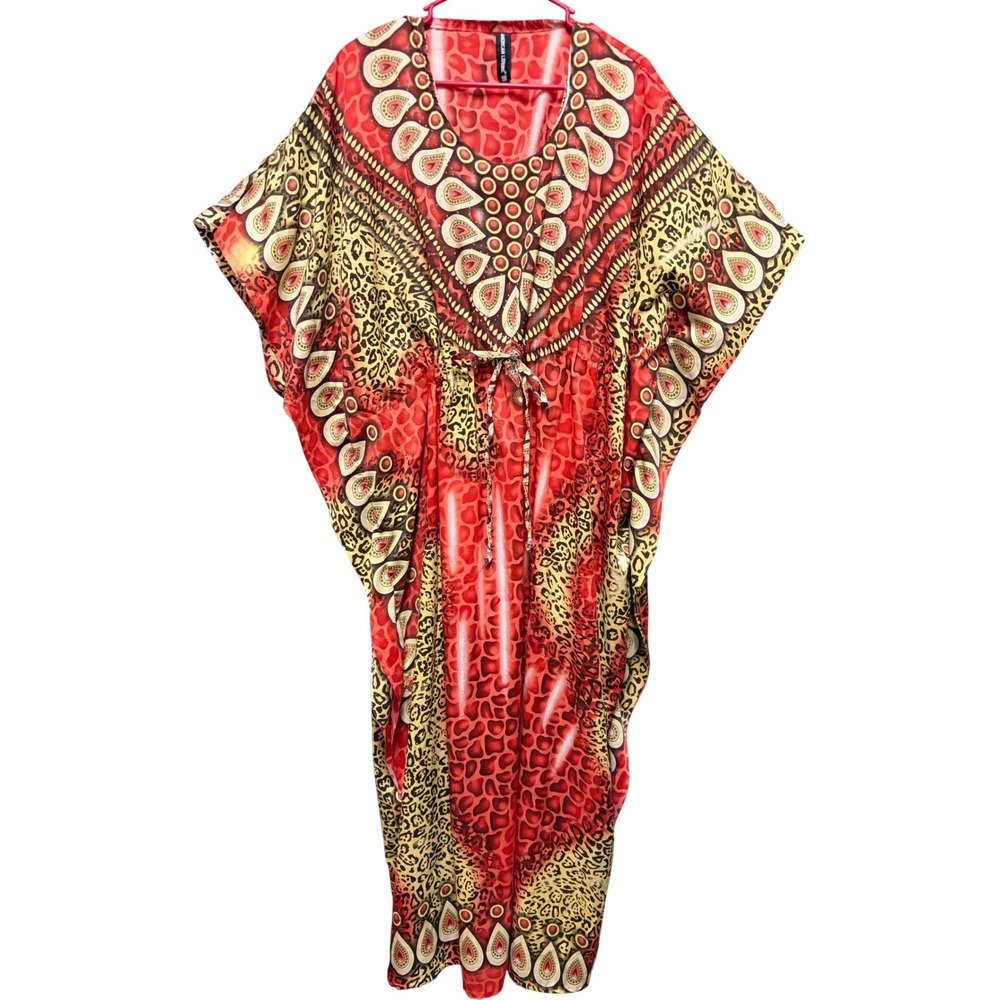 American Leisure Red Animal Print Kaftan Dress One Size Loungewear Coverup